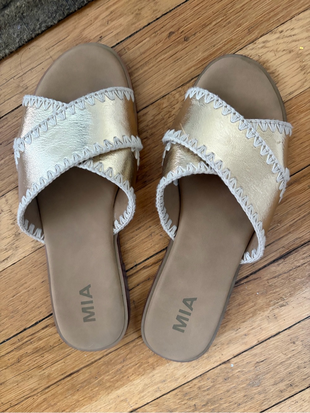 MIA Metallic Gold Crossband Slide Sandals